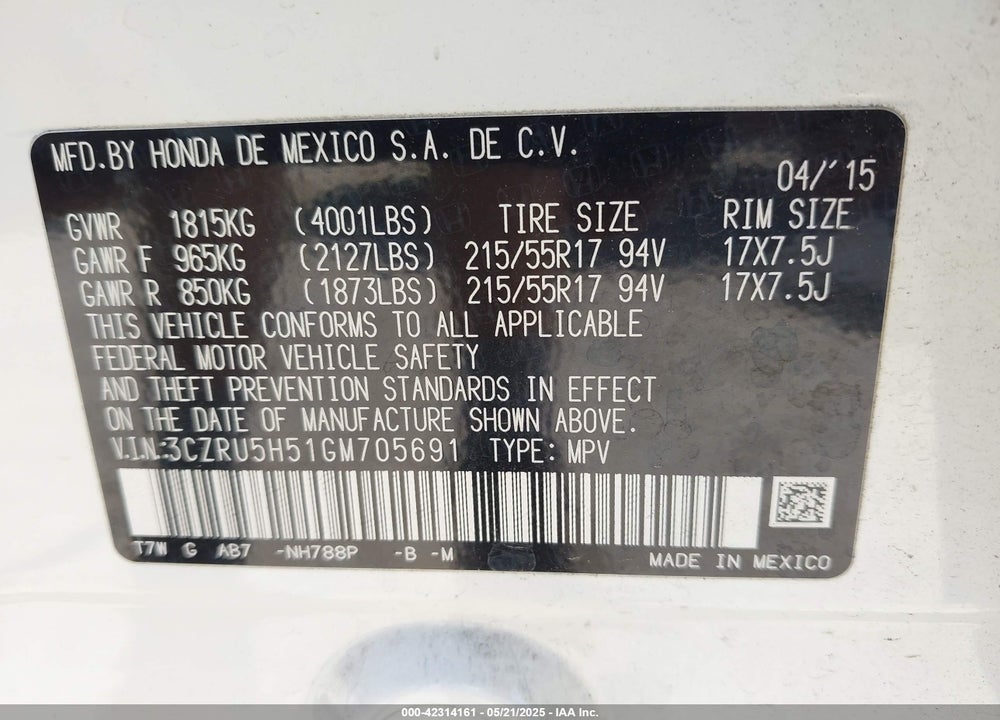 2016 HONDA HR-V EX VIN: 3CZRU5H51GM705691