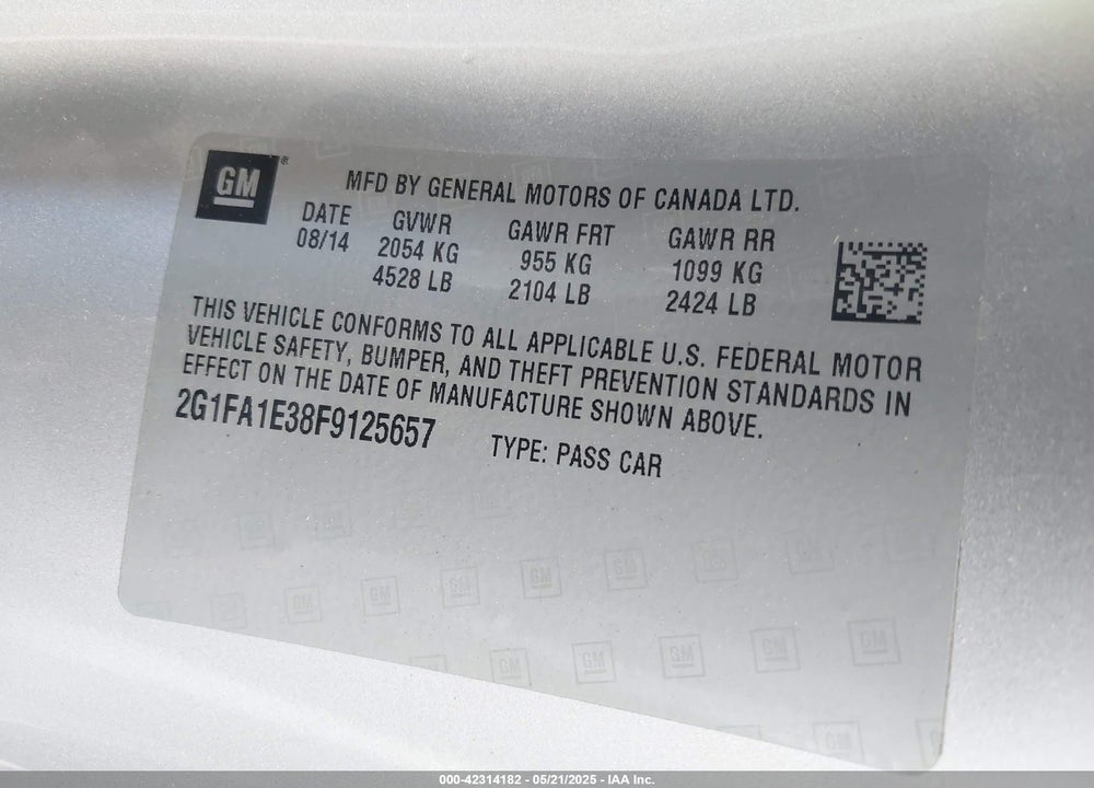 2015 CHEVROLET CAMARO VIN: 2G1FA1E38F9125657