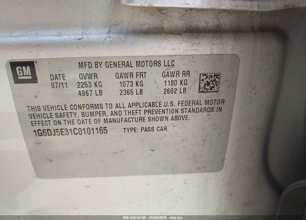 2012 CADILLAC CTS VIN: 1G6DJ5E31C0101165