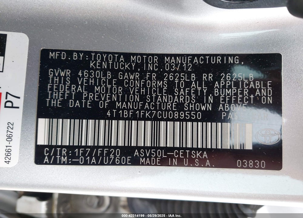 2012 TOYOTA CAMRY VIN: 4T1BF1FK7CU089550