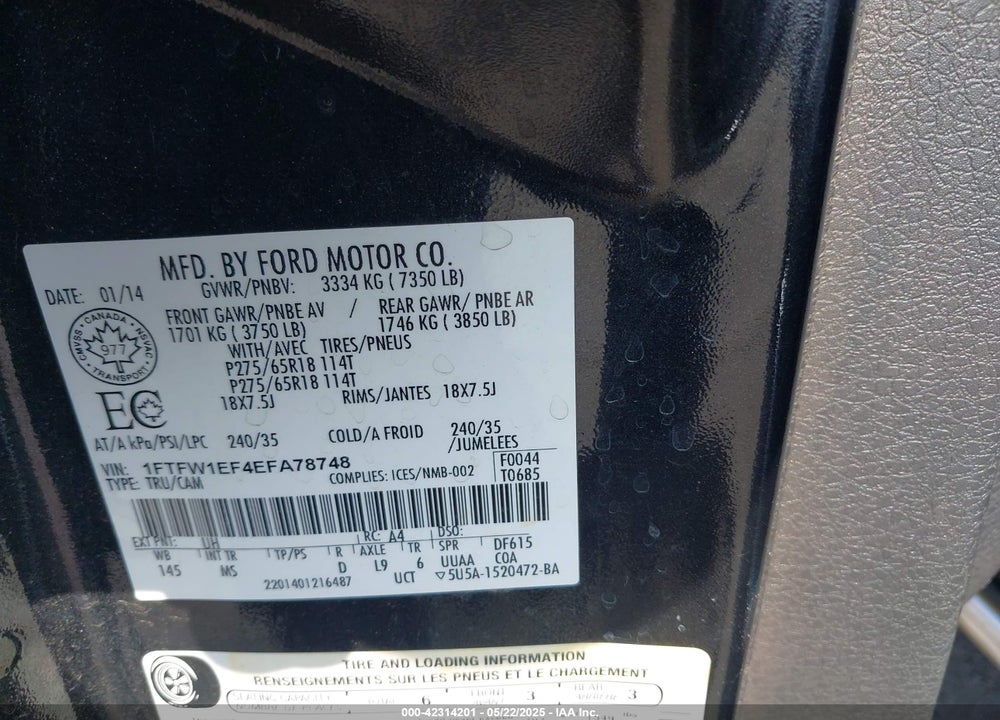 2014 FORD F-150 VIN: 1FTFW1EF4EFA78748