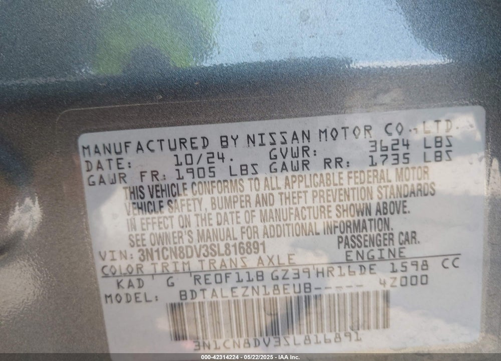2025 NISSAN VERSA VIN: 3N1CN8DV3SL816891