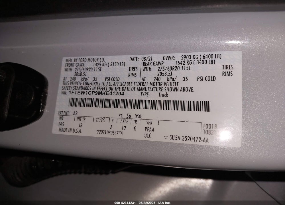 2021 FORD F150 VIN: 1FTEW1CP9MKE41204