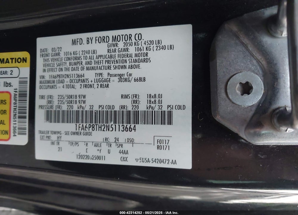 2022 FORD MUSTANG ECOBOOST FASTBACK VIN: 1FA6P8TH2N5113664