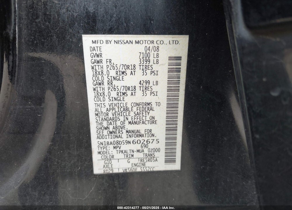 2009 NISSAN ARMADA VIN: 5N1BA08D59N602675