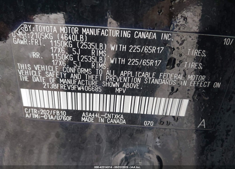 2015 TOYOTA RAV4 LE VIN: 2T3BFREV9FW406685