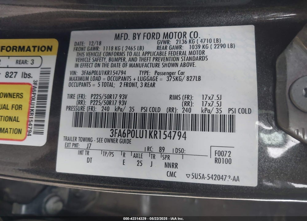 2019 FORD FUSION HYBRID VIN: 3FA6P0LU1KR154794