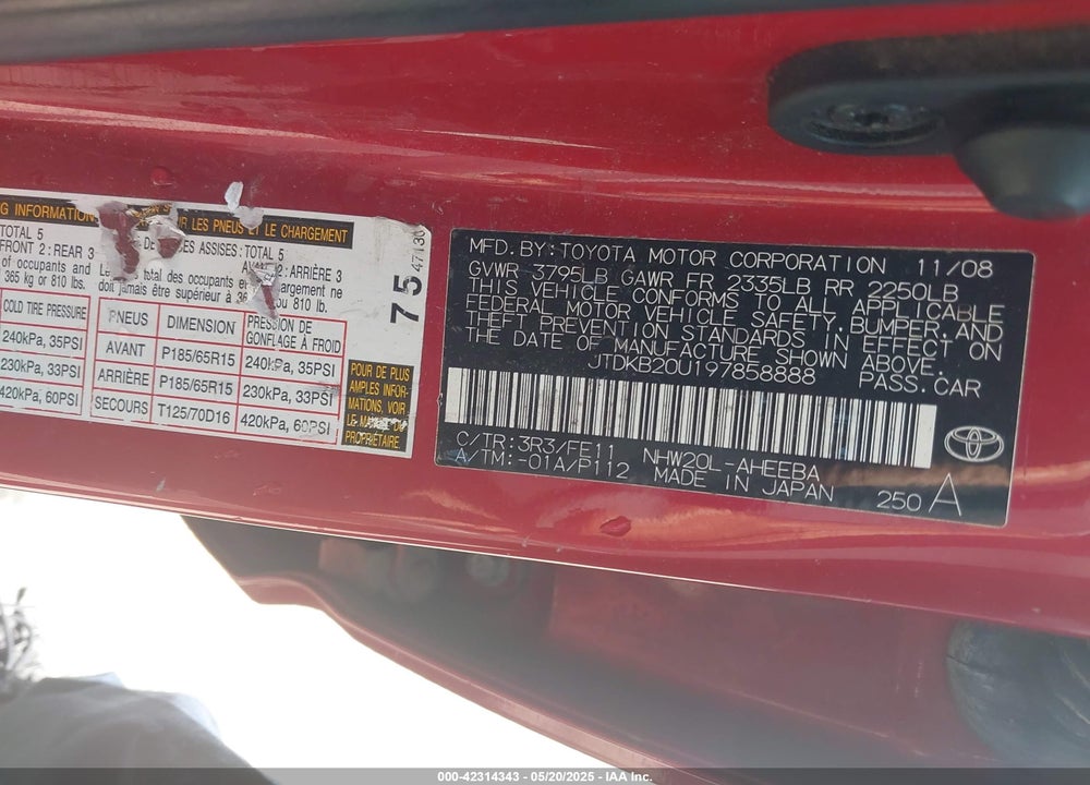 2009 TOYOTA PRIUS VIN: JTDKB20U197858888
