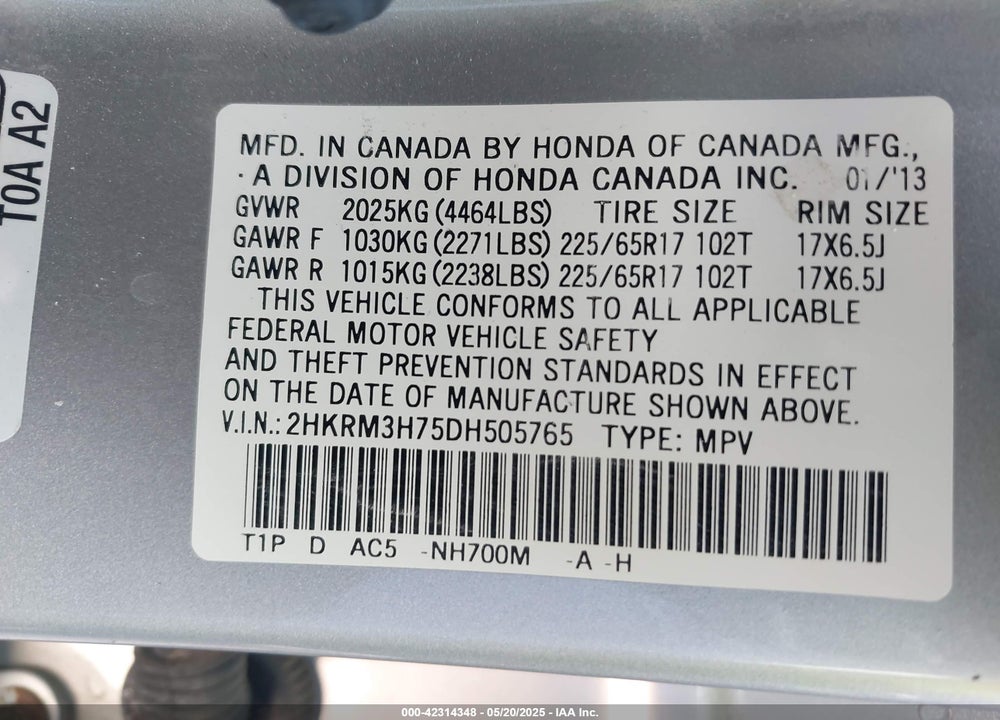 2013 HONDA CR-V VIN: 2HKRM3H75DH505765