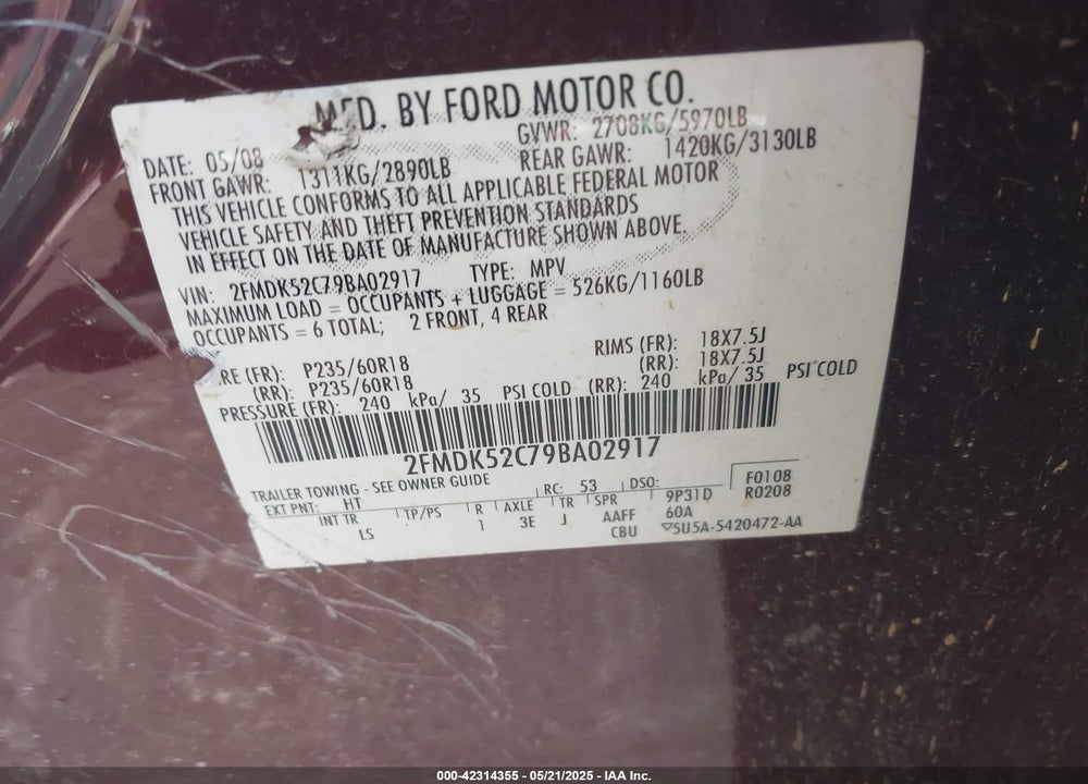 2009 FORD FLEX VIN: 2FMDK52C79BA02917