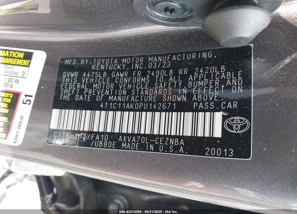 2023 TOYOTA CAMRY LE VIN: 4T1C11AK0PU142671
