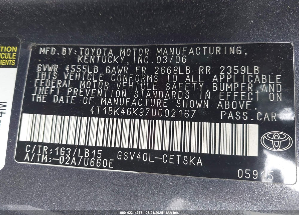 2007 TOYOTA CAMRY VIN: 4T1BK46K97U002167