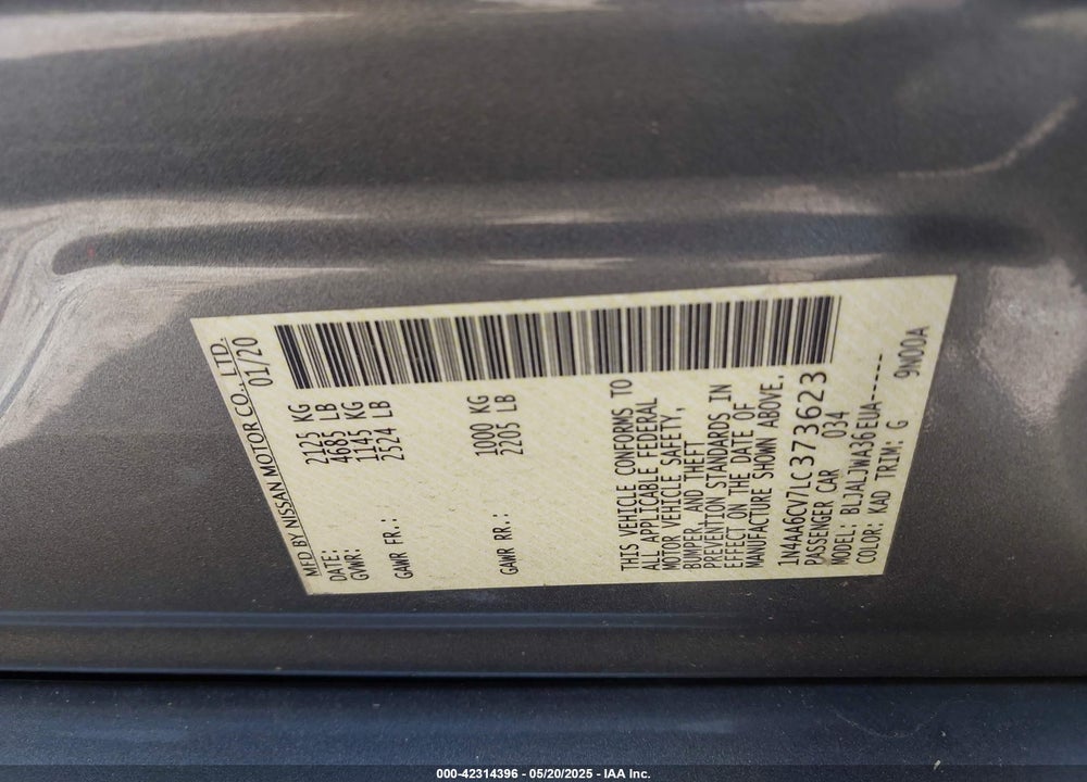 2020 NISSAN MAXIMA SV XTRONIC CVT VIN: 1N4AA6CV7LC373623