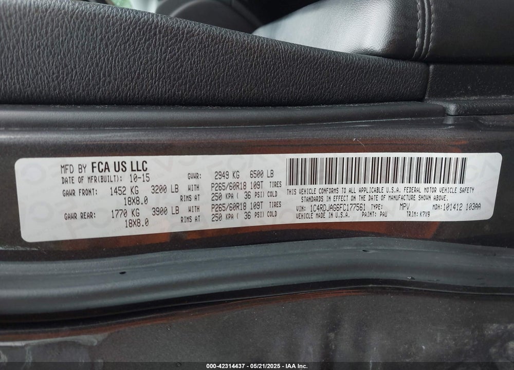 2015 DODGE DURANGO VIN: 1C4RDJAG6FC177561