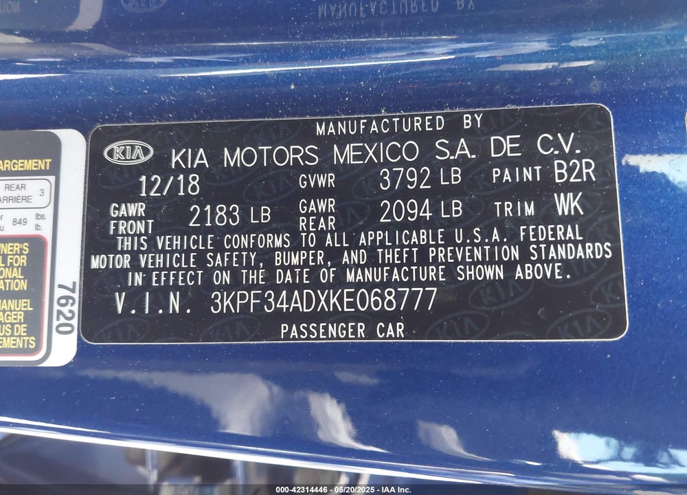 2019 KIA FORTE S VIN: 3KPF34ADXKE068777