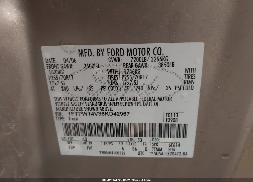 2006 FORD F-150 FX4/LARIAT/XLT VIN: 1FTPW14V36KD42967