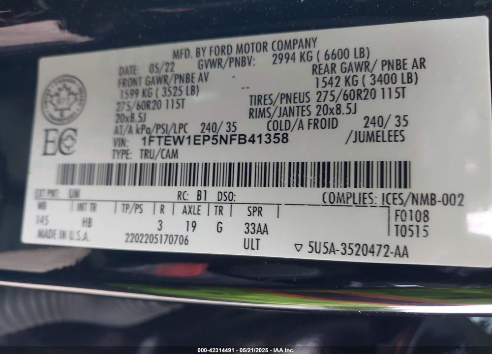 2022 FORD F-150 VIN: 1FTEW1EP5NFB41358