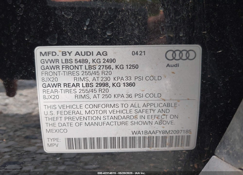 2021 AUDI Q5 PREMIUM PLUS VIN: WA1BAAFY8M2097185