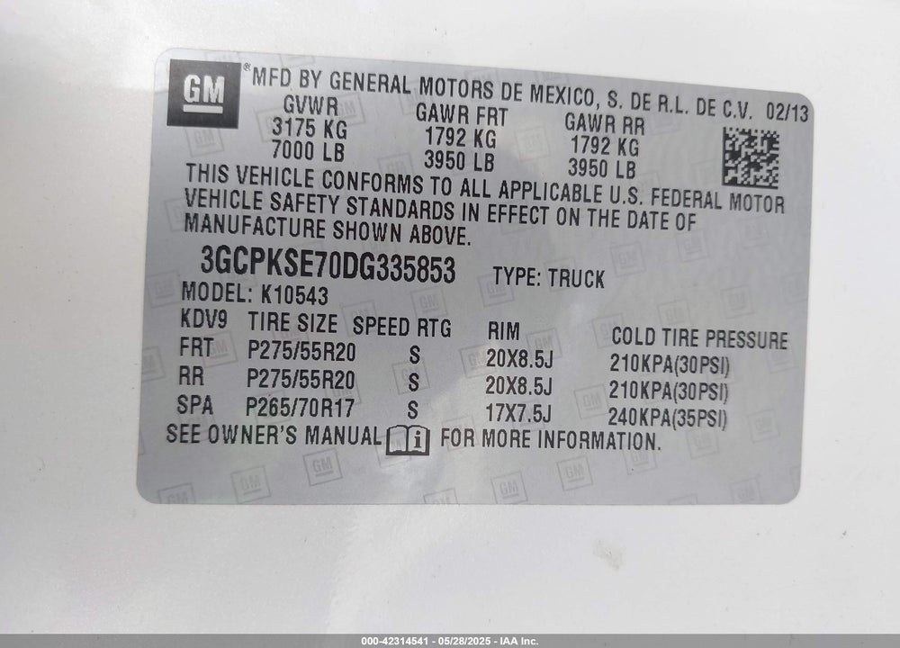 2013 CHEVROLET SILVERADO 1500 LT VIN: 3GCPKSE70DG335853