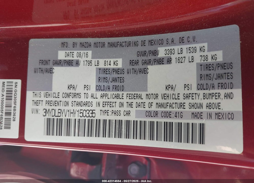 2017 TOYOTA YARIS IA VIN: 3MYDLBYV1HY150335