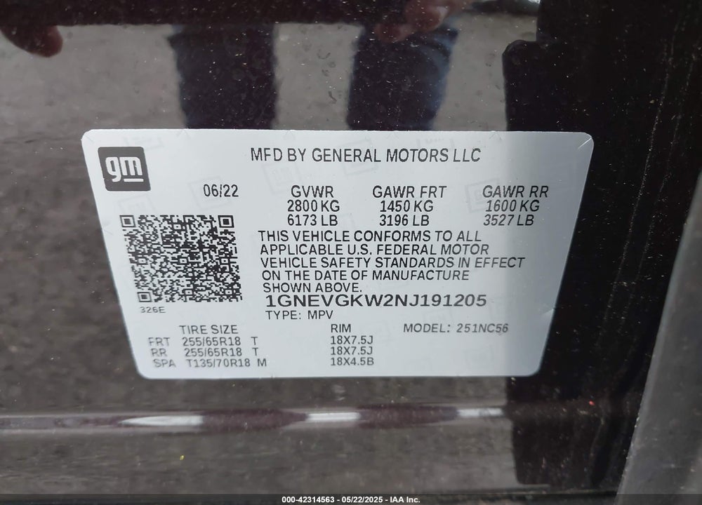 2022 CHEVROLET TRAVERSE VIN: 1GNEVGKW2NJ191205