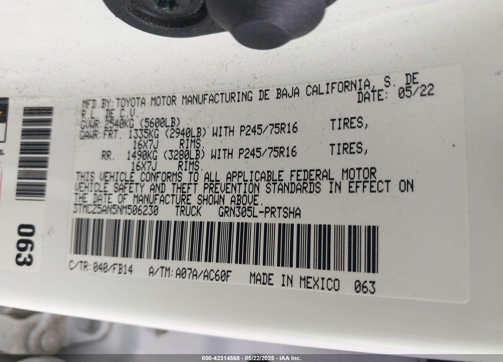 2022 TOYOTA TACOMA VIN: 3TMCZ5AN5NM506230