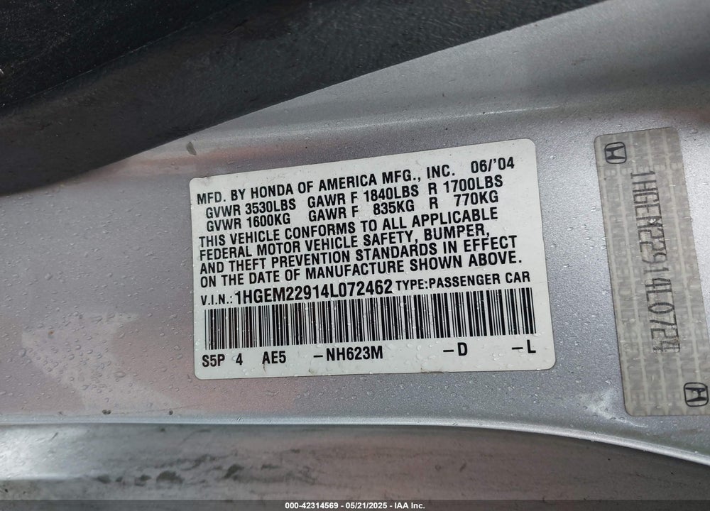 2004 HONDA CIVIC EX VIN: 1HGEM22914L072462