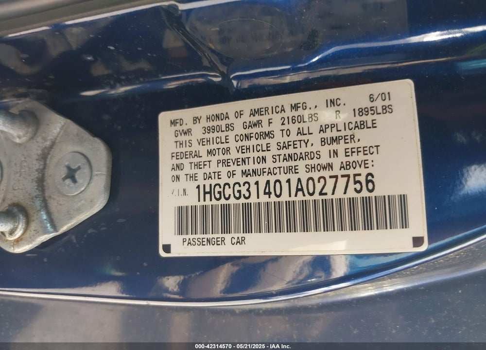 2001 HONDA ACCORD VIN: 1HGCG31401A027756