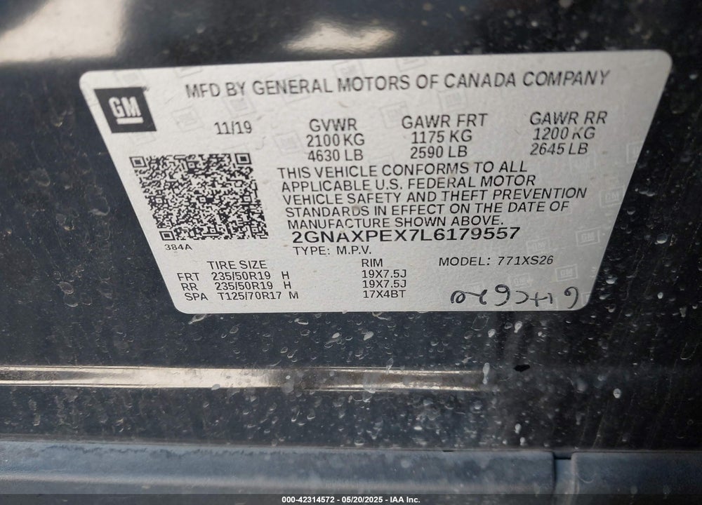 2020 CHEVROLET EQUINOX VIN: 2GNAXPEX7L6179557