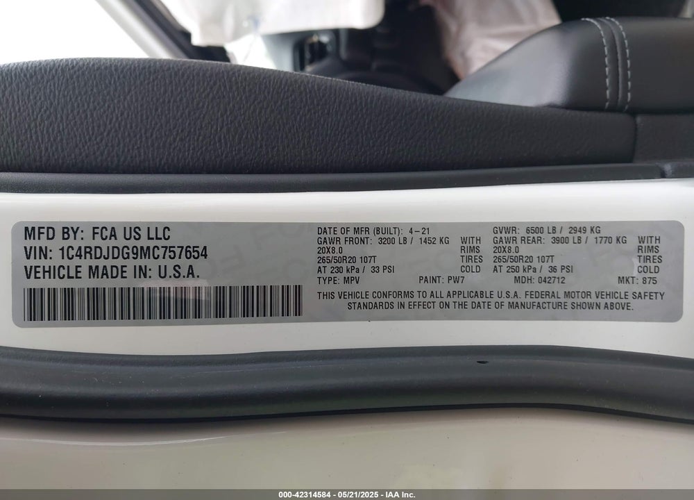 2021 DODGE DURANGO VIN: 1C4RDJDG9MC757654