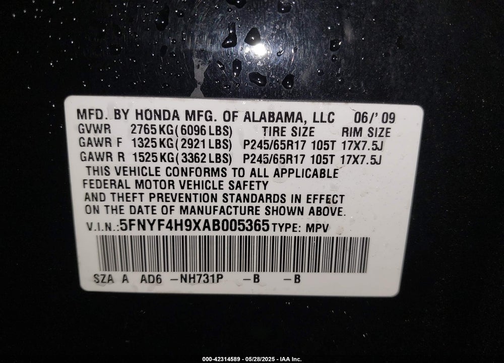 2010 HONDA PILOT VIN: 5FNYF4H9XAB005365