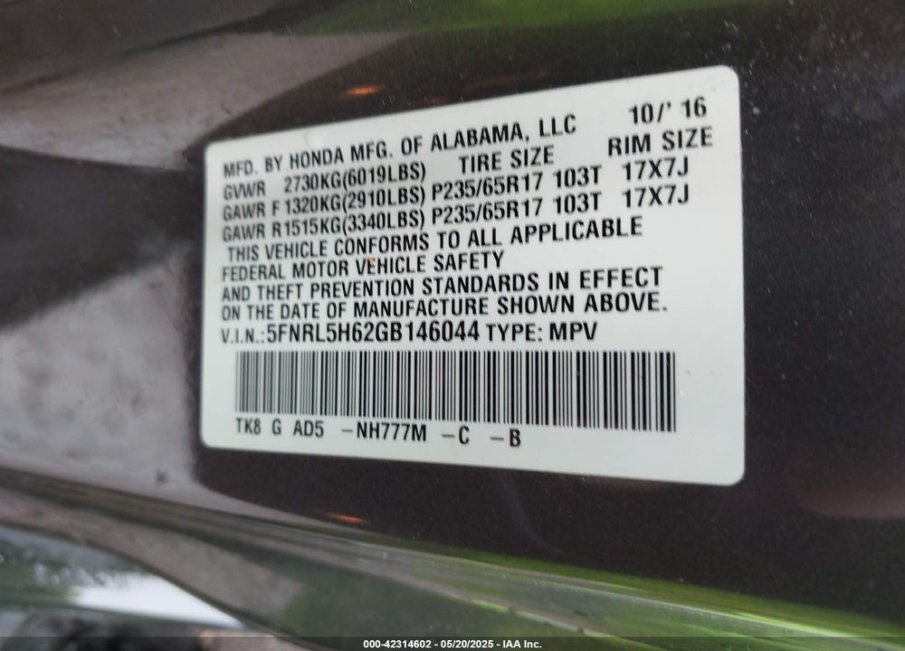 2016 HONDA ODYSSEY EX-L VIN: 5FNRL5H62GB146044