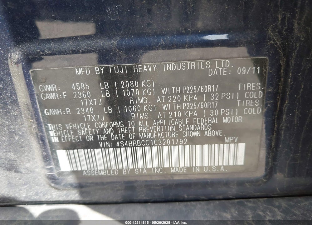 2012 SUBARU OUTBACK VIN: 4S4BRBCC1C3201792