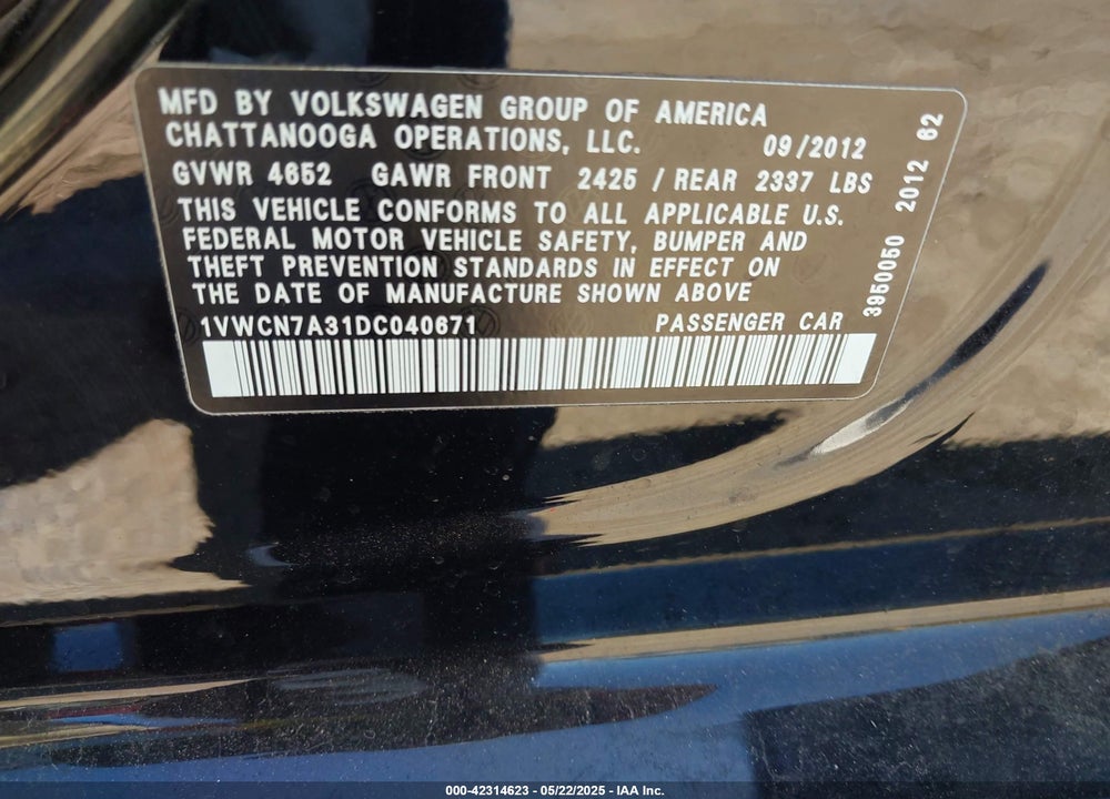 2013 VOLKSWAGEN PASSAT VIN: 1VWCN7A31DC040671