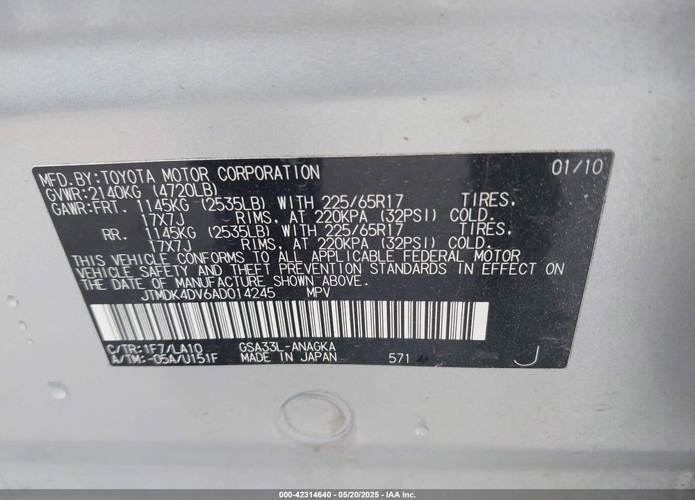 2010 TOYOTA RAV4 LIMITED V6 VIN: JTMDK4DV6AD014245