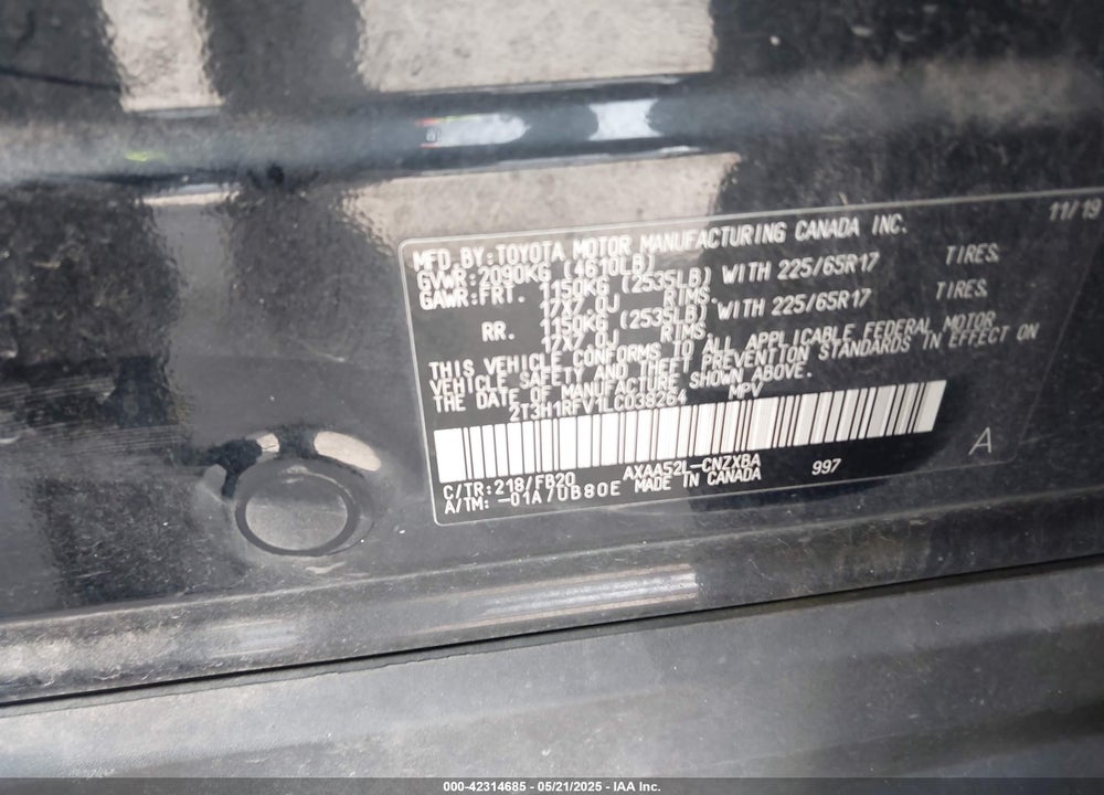 2020 TOYOTA RAV4 VIN: 2T3H1RFV1LC038264