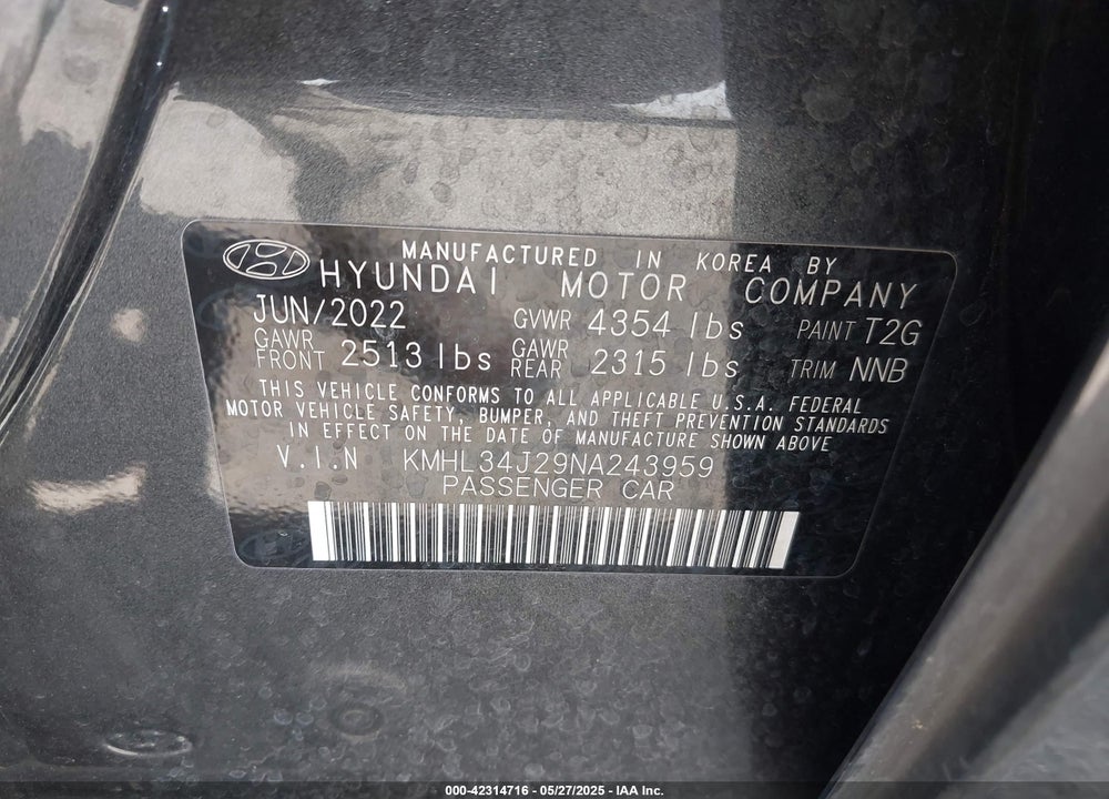 2022 HYUNDAI SONATA LIMITED VIN: KMHL34J29NA243959