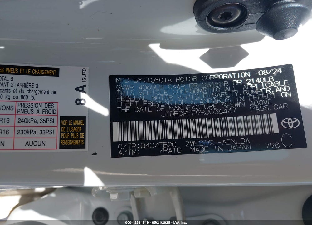 2024 TOYOTA COROLLA VIN: JTDBCMFE9RJ036447