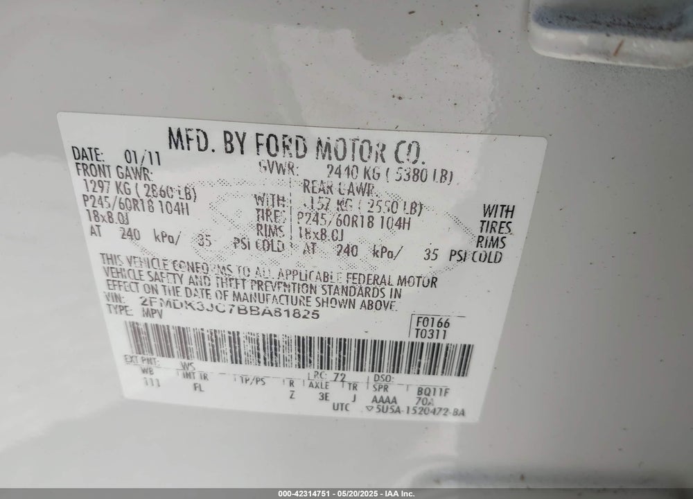 2011 FORD EDGE VIN: 2FMDK3JC7BBA81825
