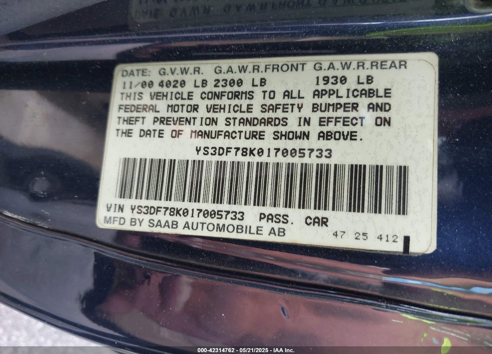 2001 SAAB 9-3 SE VIN: YS3DF78K017005733