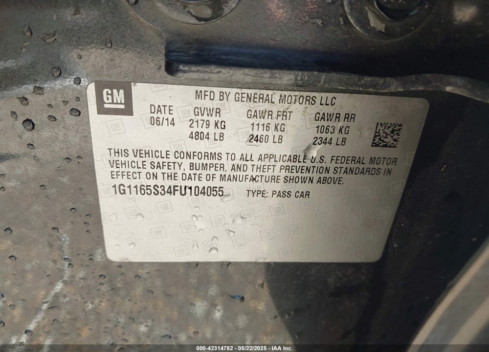 2015 CHEVROLET IMPALA 2LZ VIN: 1G1165S34FU104055