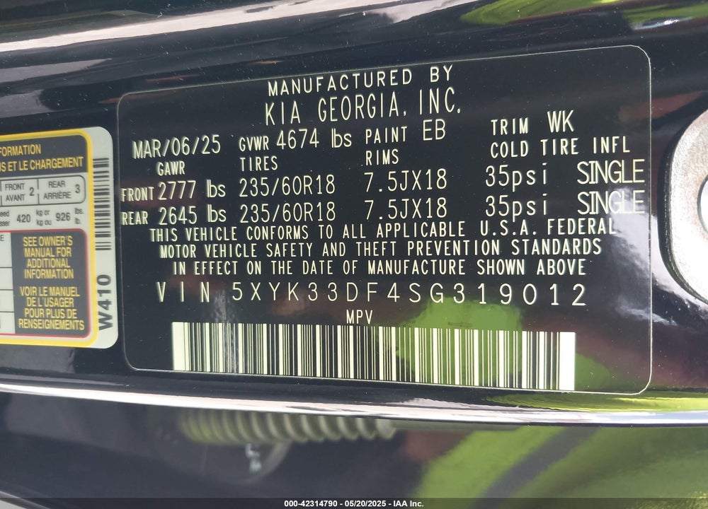2025 KIA SPORTAGE EX VIN: 5XYK33DF4SG319012