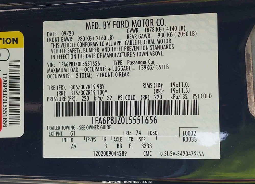 2020 FORD MUSTANG VIN: 1FA6P8JZ0L5551656