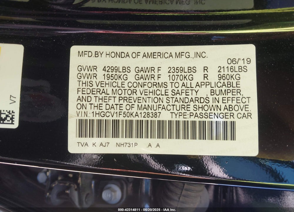 2019 HONDA ACCORD VIN: 1HGCV1F50KA128387