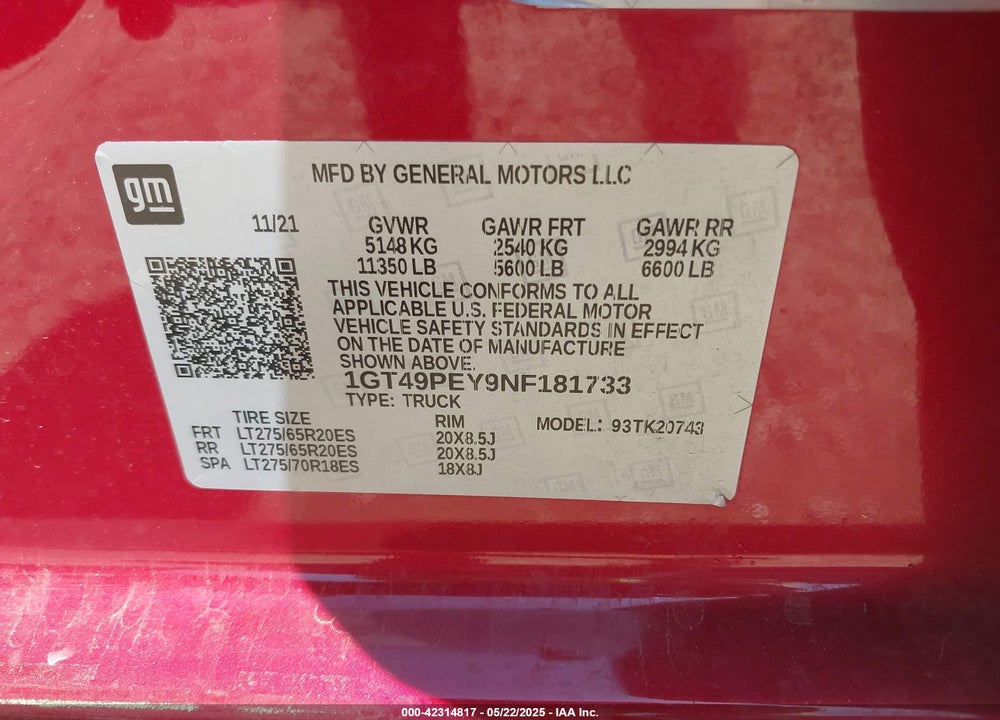 2022 GMC SIERRA 2500HD 4WD STANDARD BED AT4 VIN: 1GT49PEY9NF181733