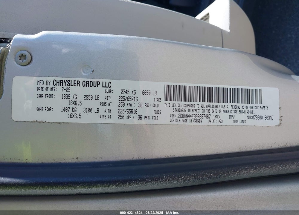 2009 DODGE GRAND CARAVAN SE VIN: 2D8HN44E99R687467
