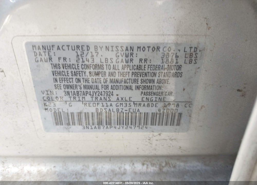 2018 NISSAN SENTRA VIN: 3N1AB7AP4JY247924