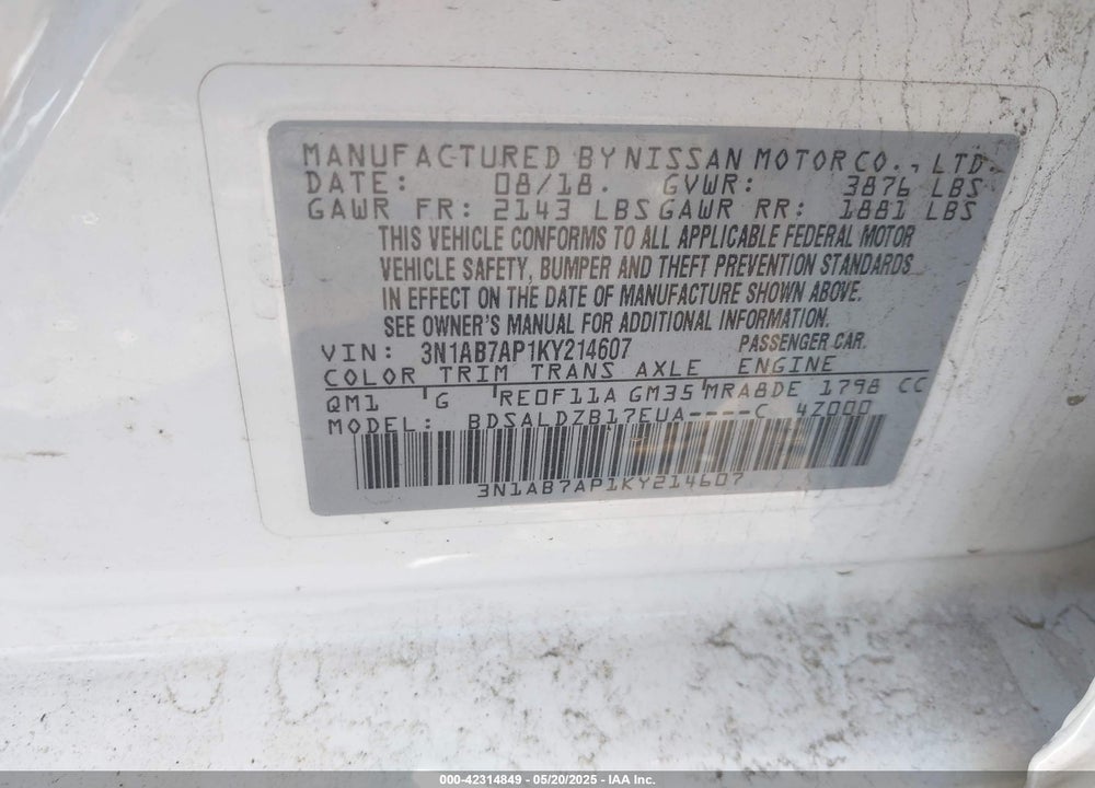 2019 NISSAN SENTRA VIN: 3N1AB7AP1KY214607