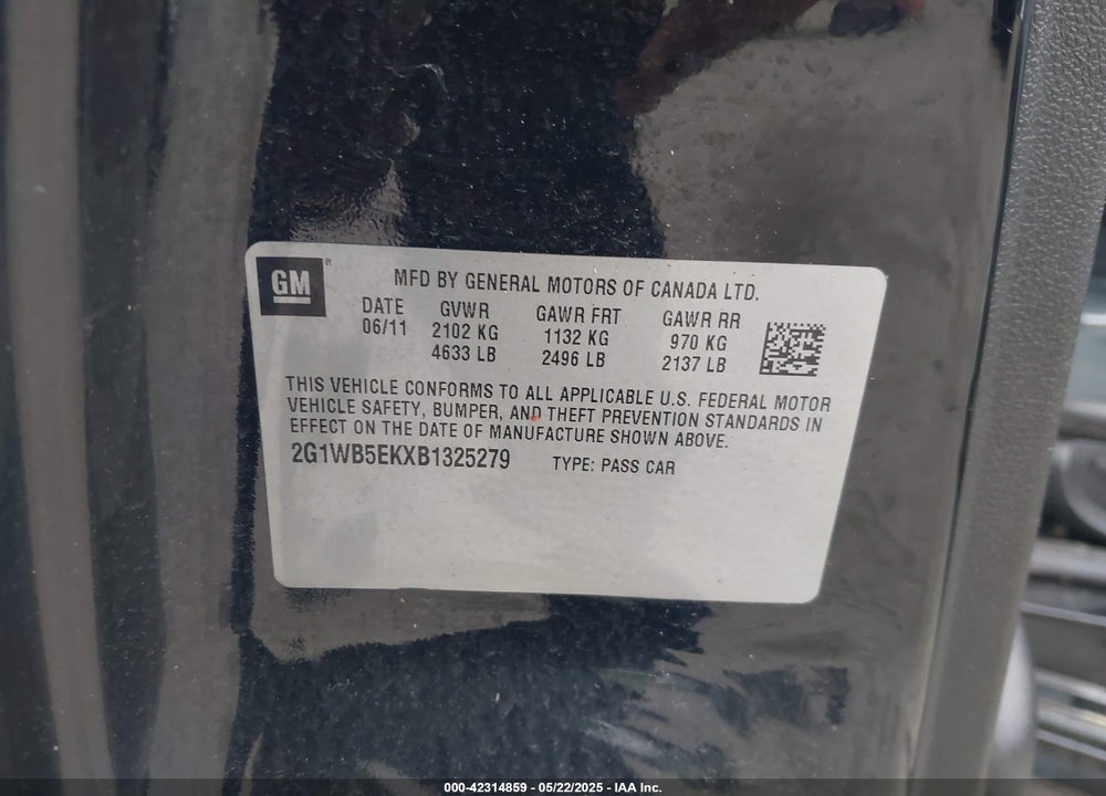 2011 CHEVROLET IMPALA VIN: 2G1WB5EKXB1325279