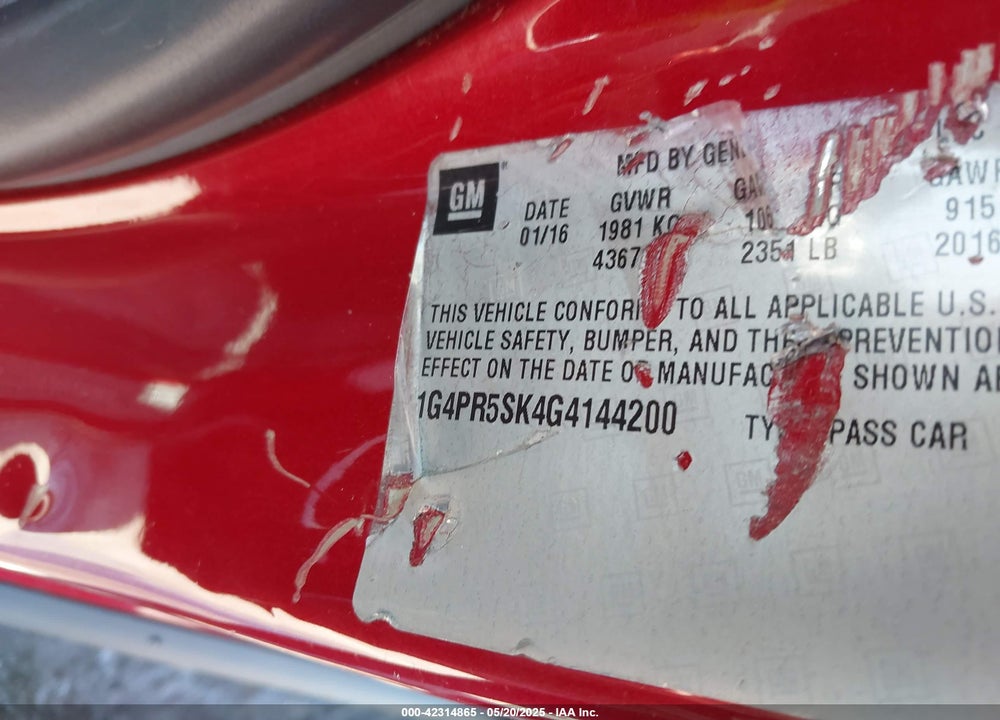 2016 BUICK VERANO CONVENIENCE GROUP VIN: 1G4PR5SK4G4144200